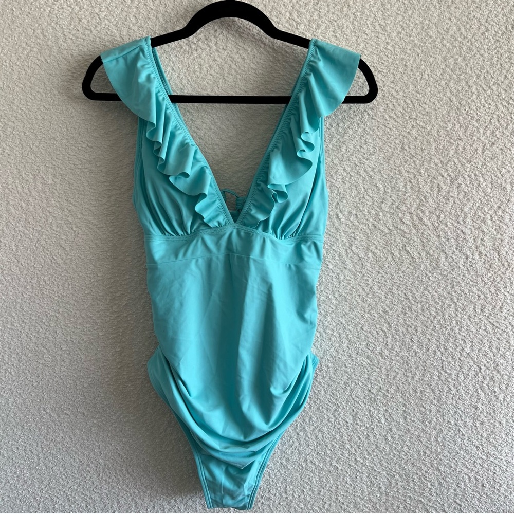 Cupshe NWT Women’s One Piece Blue Ruffle‎ Stretch Bathing Suit Size Large